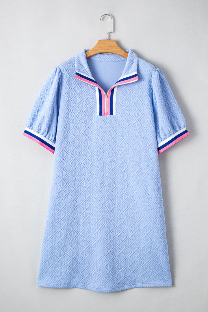 Beau Blue Contrast Striped Trim Zipped Stand Collar Plus Size T Shirt Dress