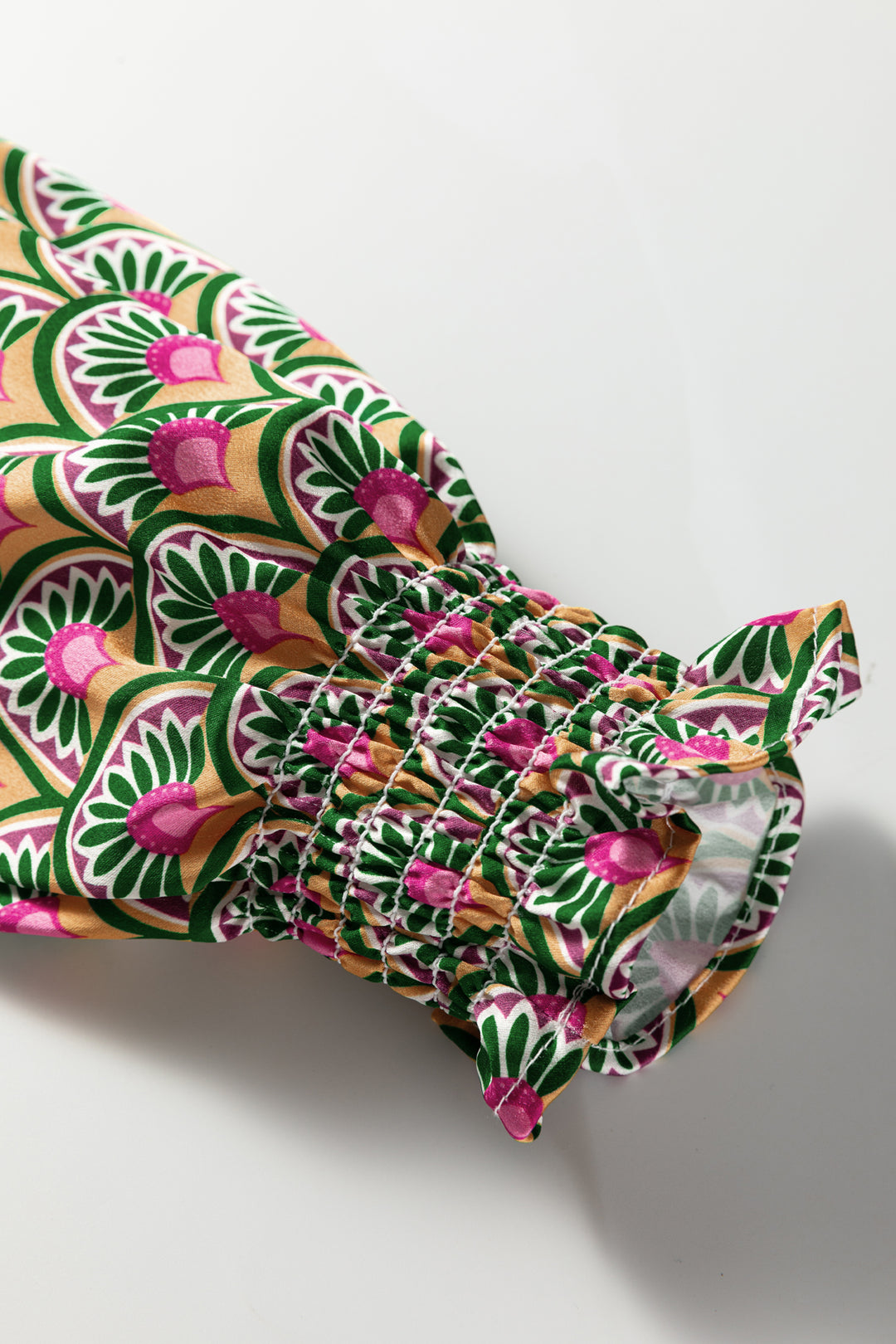 Floral Patchwork Shirred Cuff Puff Sleeve Sweater