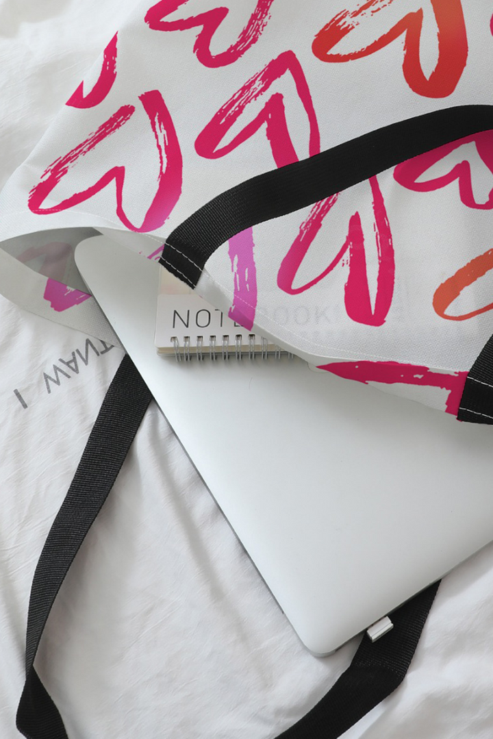 Heart Shape Print Canvas Large Tote Bag