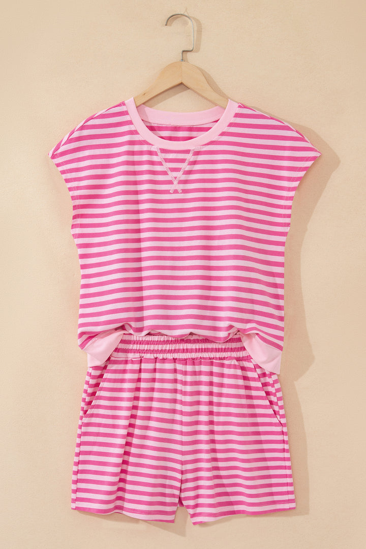 Pink Stripe Cap Sleeve Tee Elastic Waist Shorts 2pcs Outfit