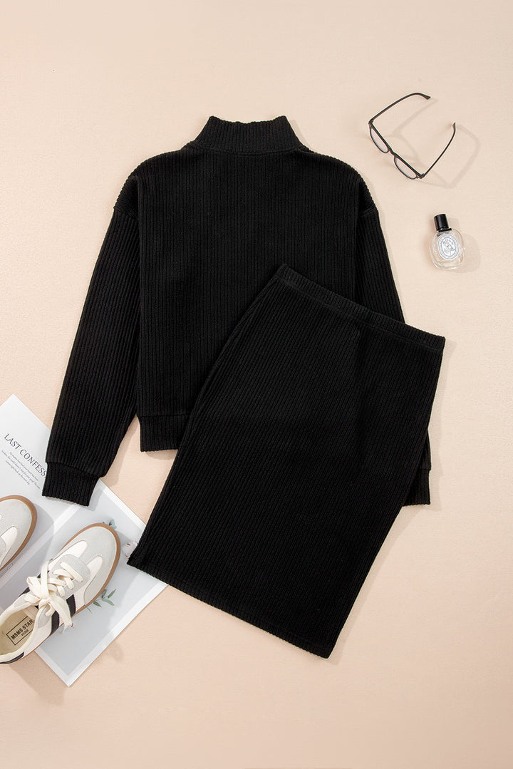 Black Ribbed Zip Stand Neck Pullover Bodycon Skirt 2pcs Set