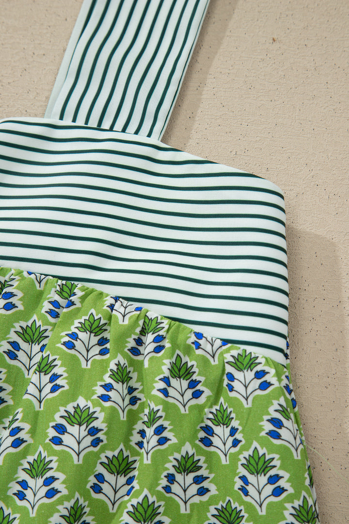 Green Floral Printed Knot Straps Babydoll Tank Top