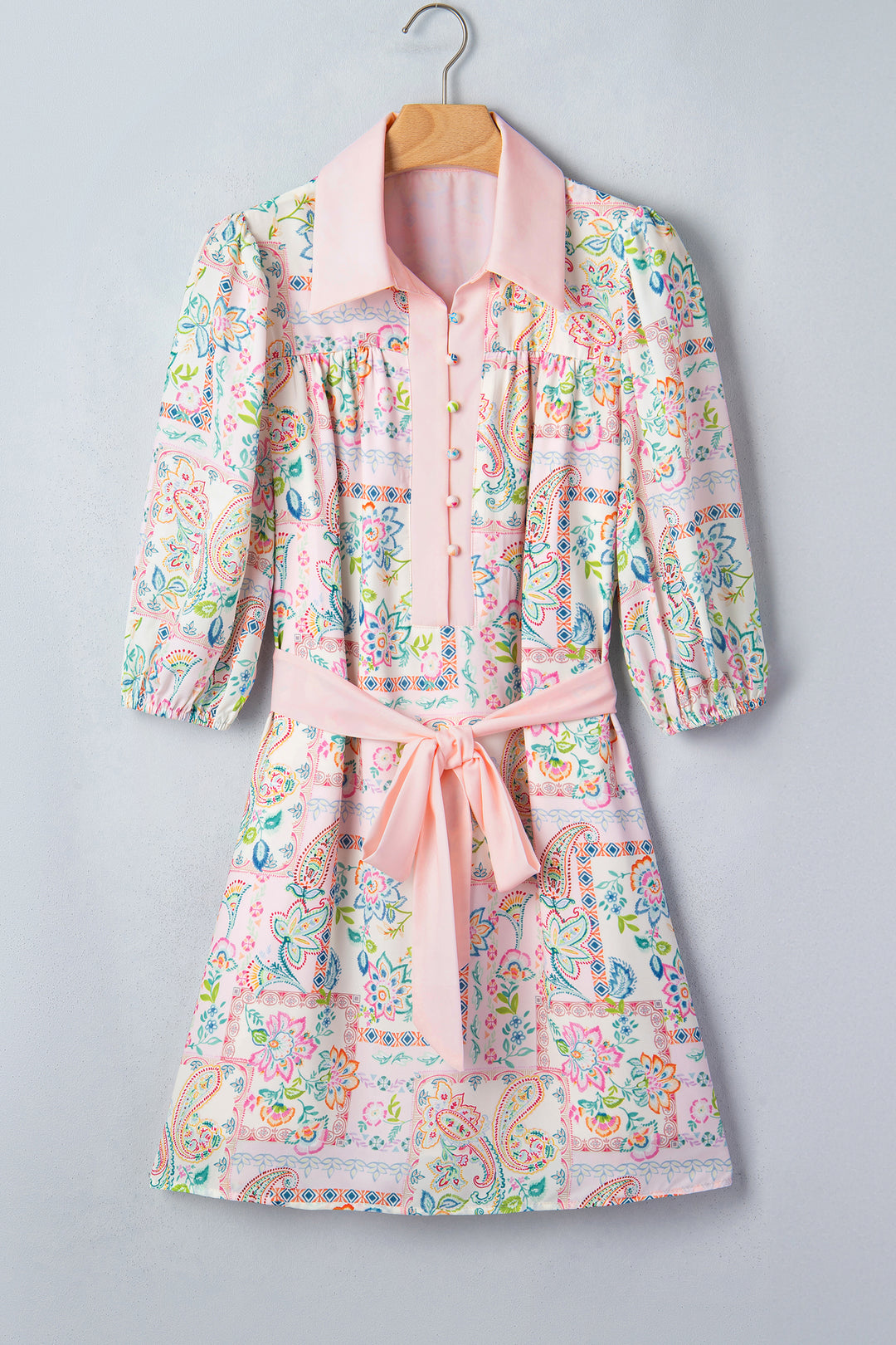 Pink Boho Floral Print Color Block Trim Half Button Belted Mini Dress