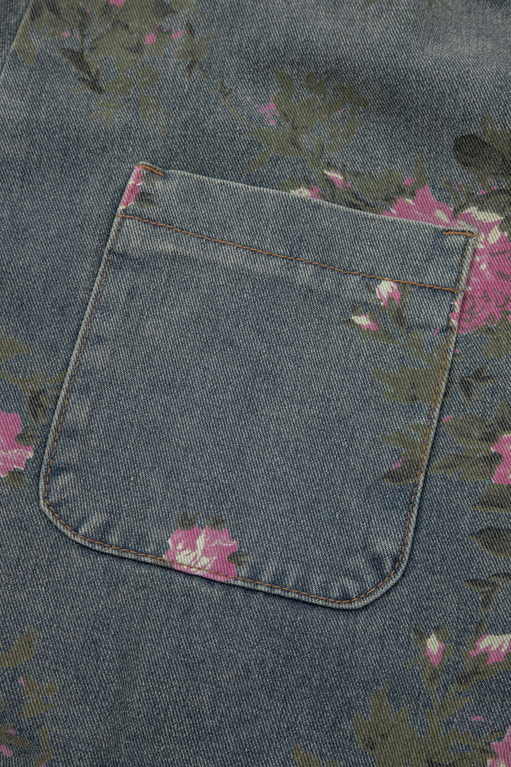Gray Beau Floral Print Pleated High Waist Wide Leg Denim Jumpsuit