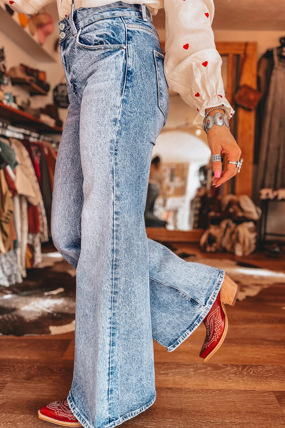 Fashion Beau Blue Acid Wash Pocket Detail Flare Jeans