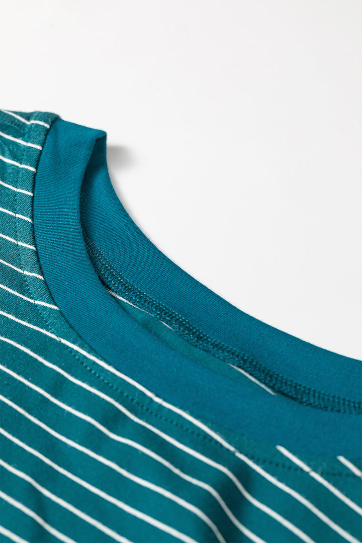 Green Stripe Dropped Shoulder Long Sleeve Top Elastic Waist Pants Casual 2pcs Set