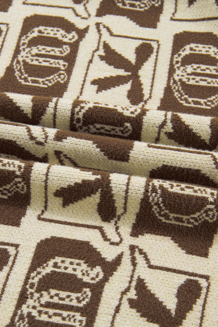 Brown Bow Horseshoe Print Checkered Plus Size Sweater