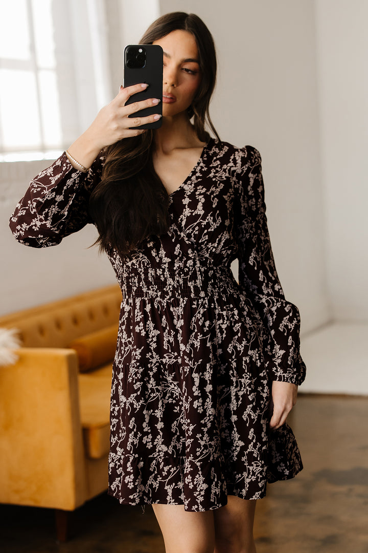 Ditsy Floral Print Split Neck Long Sleeve Shirred Waist Flared Mini Dress