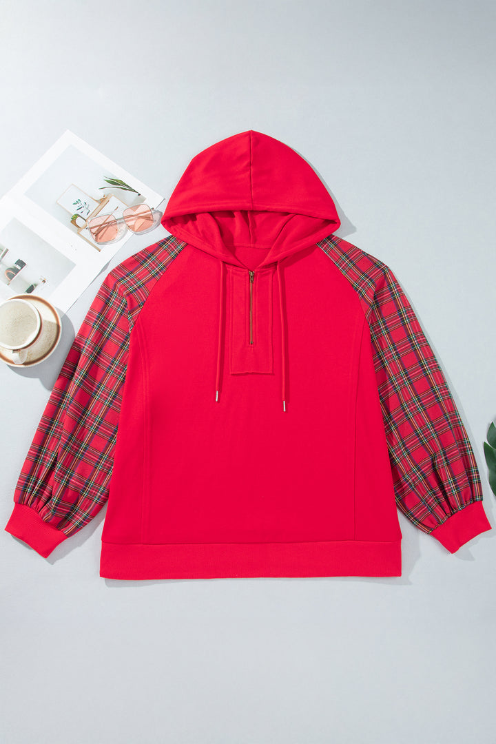 Fiery Red Plaid Sleeve Colorblock Zip-Up Shift Silhouette Ribbed Hem Plus Size Hoodie