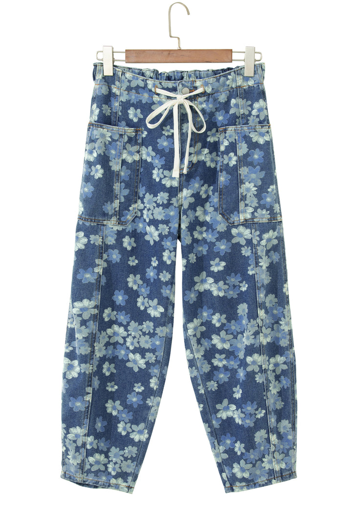 Sky Blue Dainty Floral Printed Drawstring Barrel Jeans