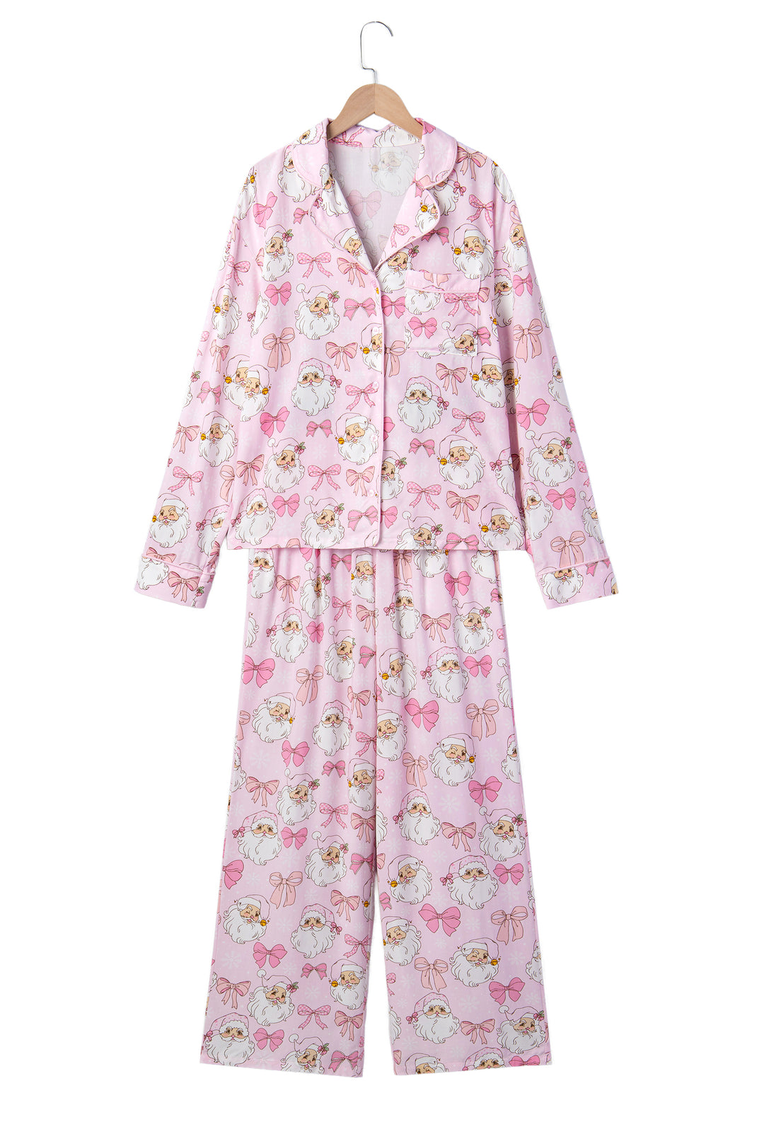 Pink Abstract Santa Print Long Sleeve Full-Length 2Pcs Lounge Set