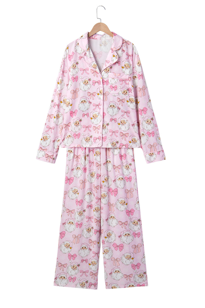 Pink Abstract Santa Print Long Sleeve Full-Length 2Pcs Lounge Set