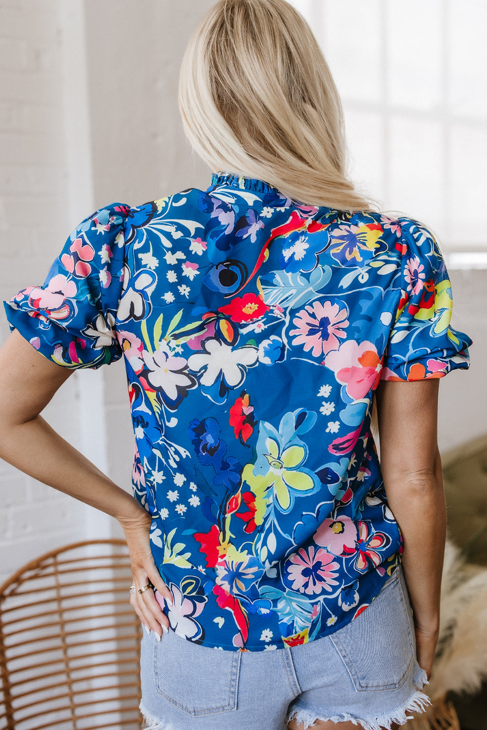 flower print collared v neck puff short sleeve loose blouse