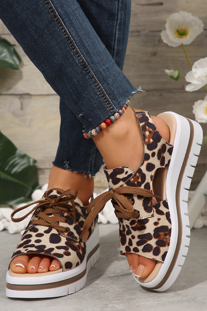 Leopard Print Hollow Out Lace-up Wedge Sandals