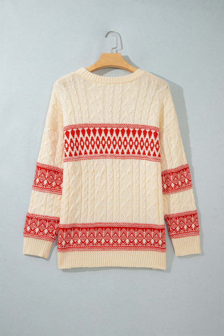 Red Western Print Round Neck Long Sleeve Shift Sweater