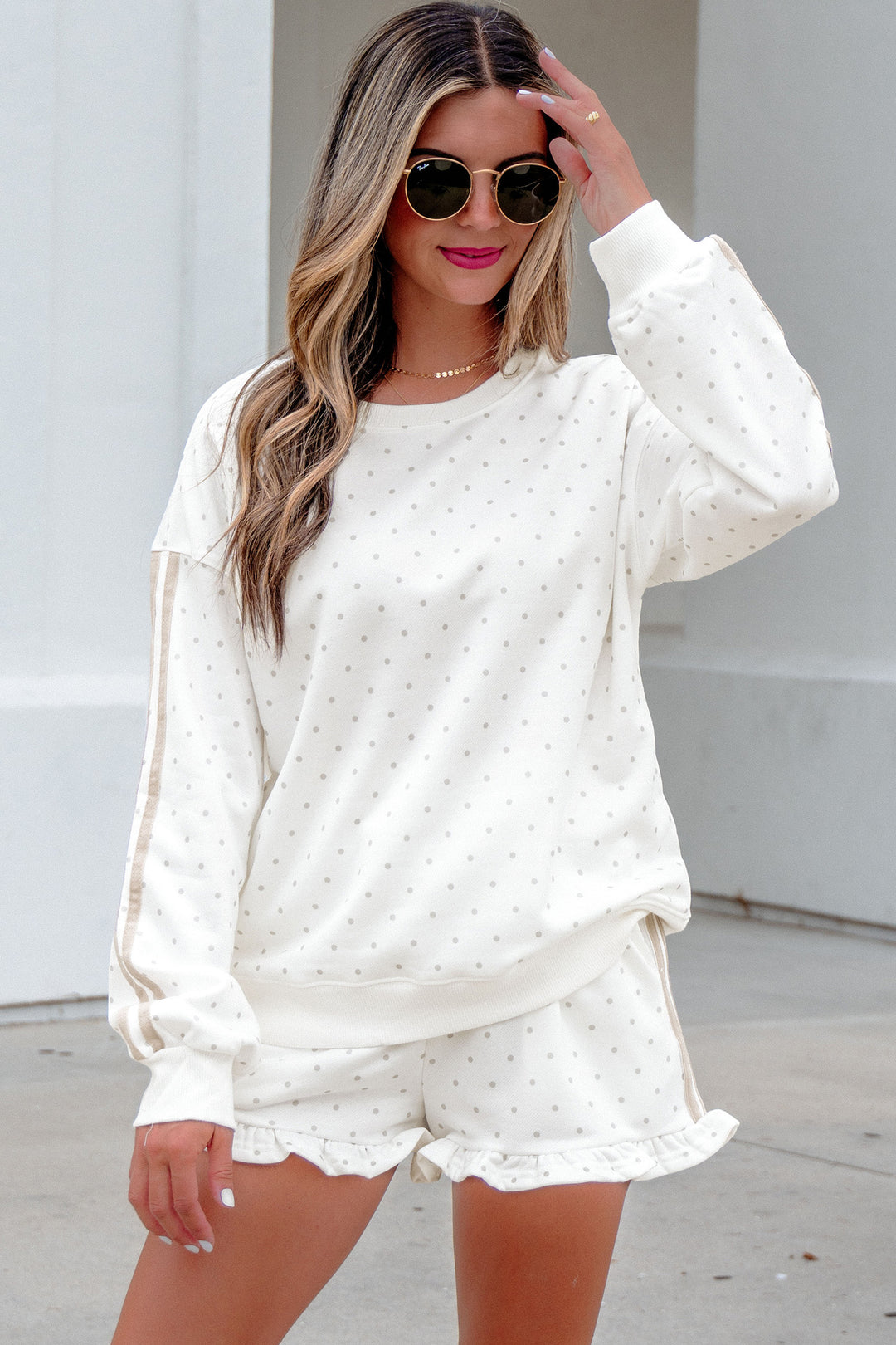 White Polka Dot Print Side Stripe Casual Sweatshirt 2pcs Short Set
