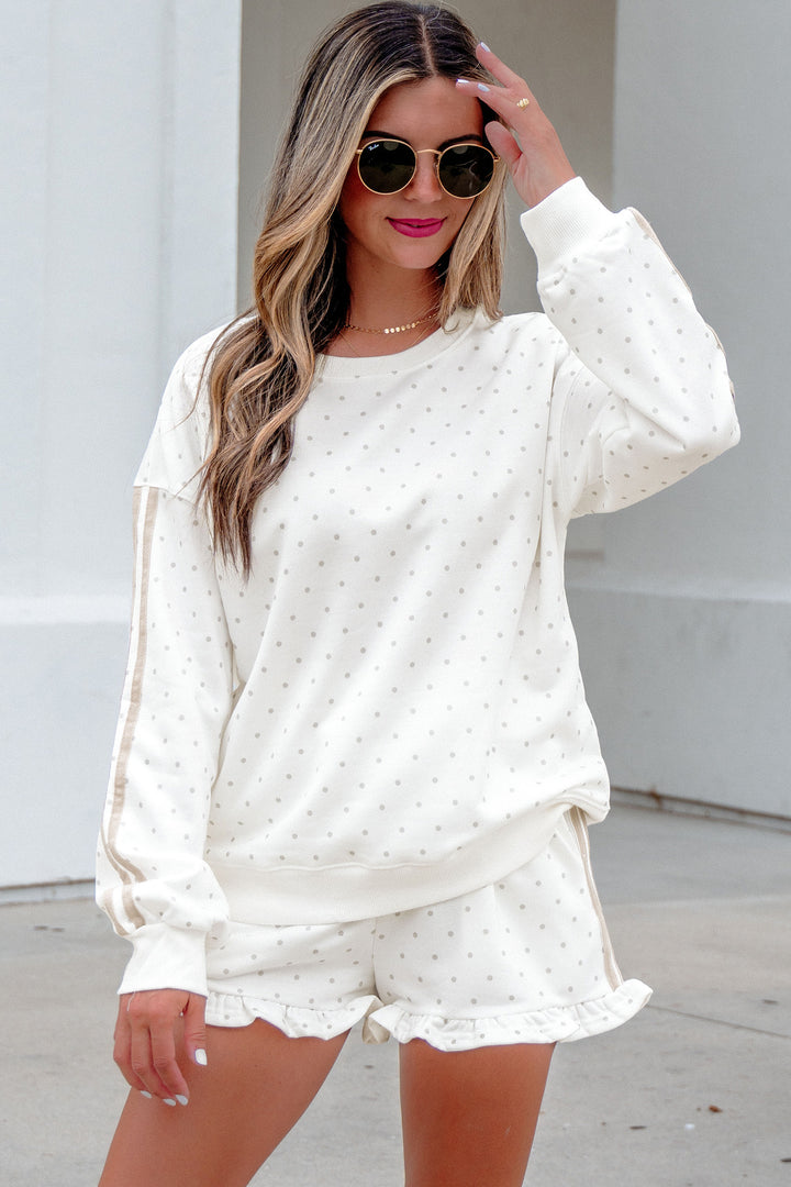 White Polka Dot Print Side Stripe Casual Sweatshirt 2pcs Short Set