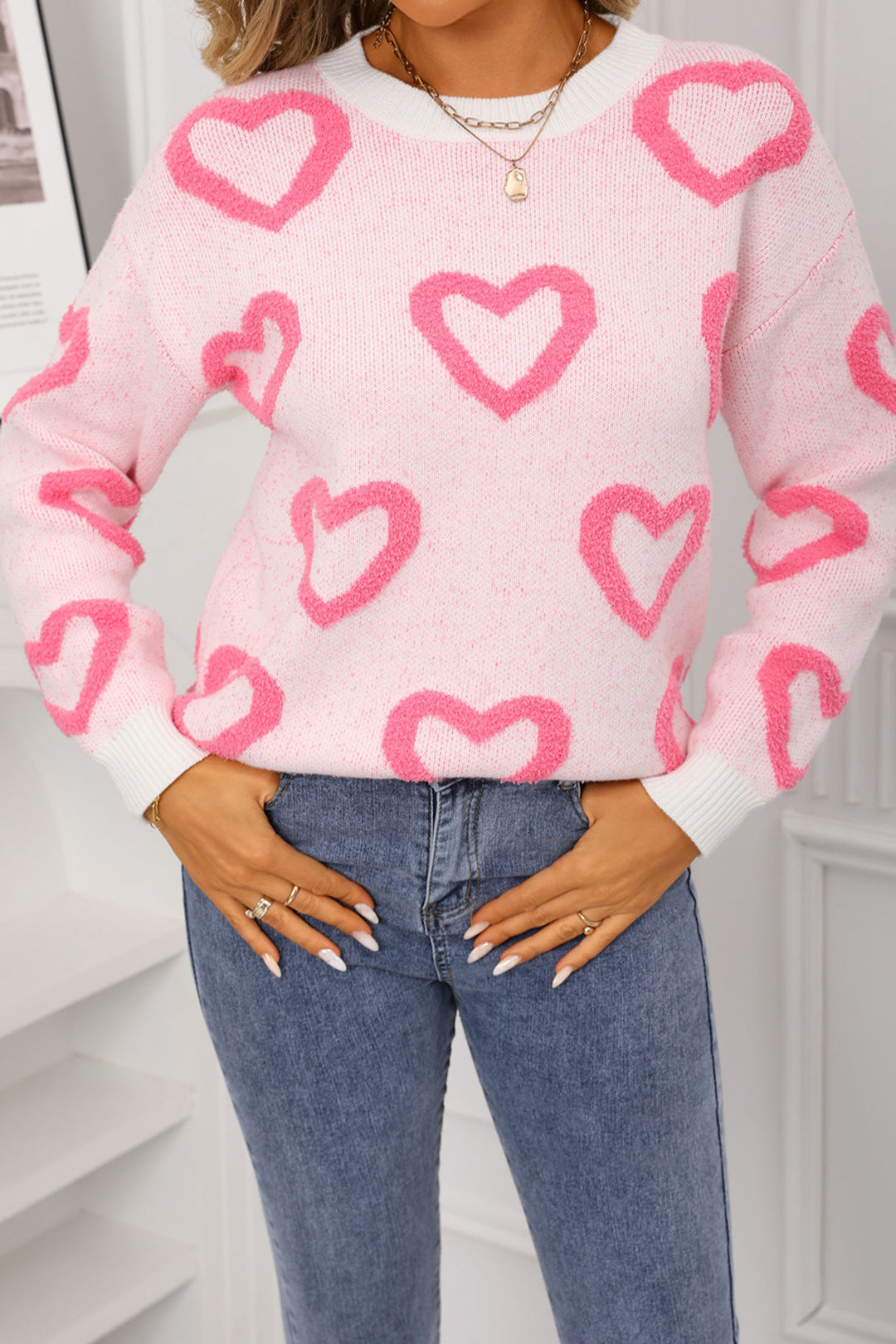 White Chenille Heart Print Valentines Day Sweater
