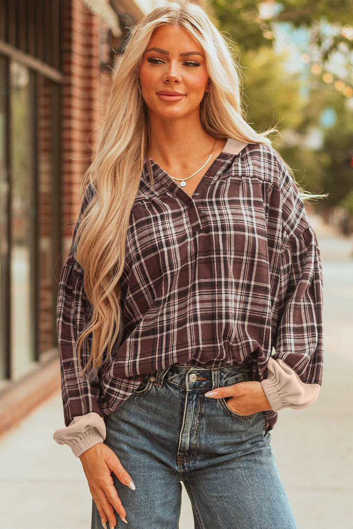 Plaid Patchwork Long Sleeve Button Hooded Blouse