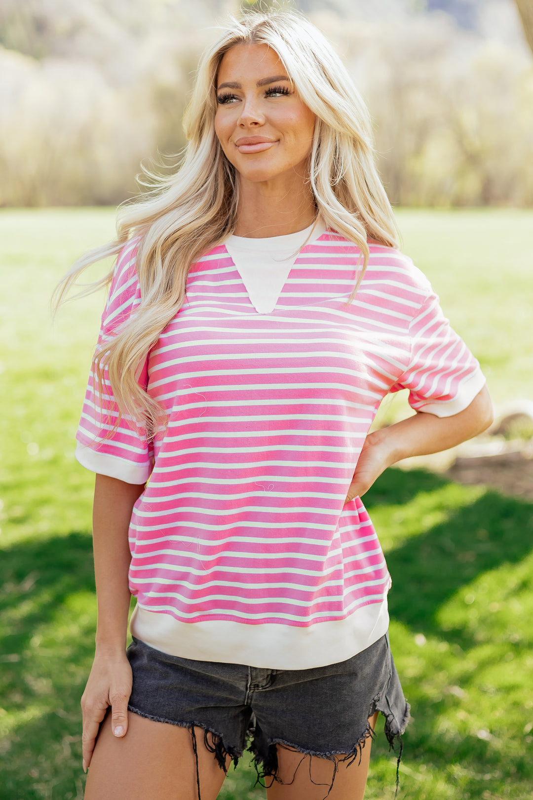 Pink Stripe Round Neck Short Sleeve Loose Top