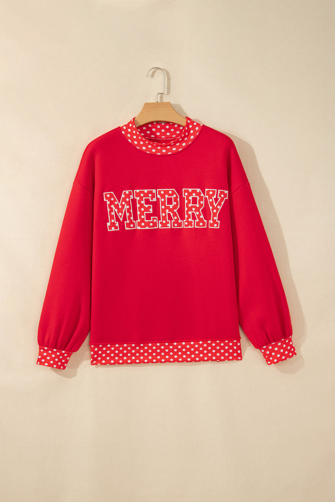 Tomato Red Polka Dot Letter Print Contrast Trim Mock Neck Sweatshirt