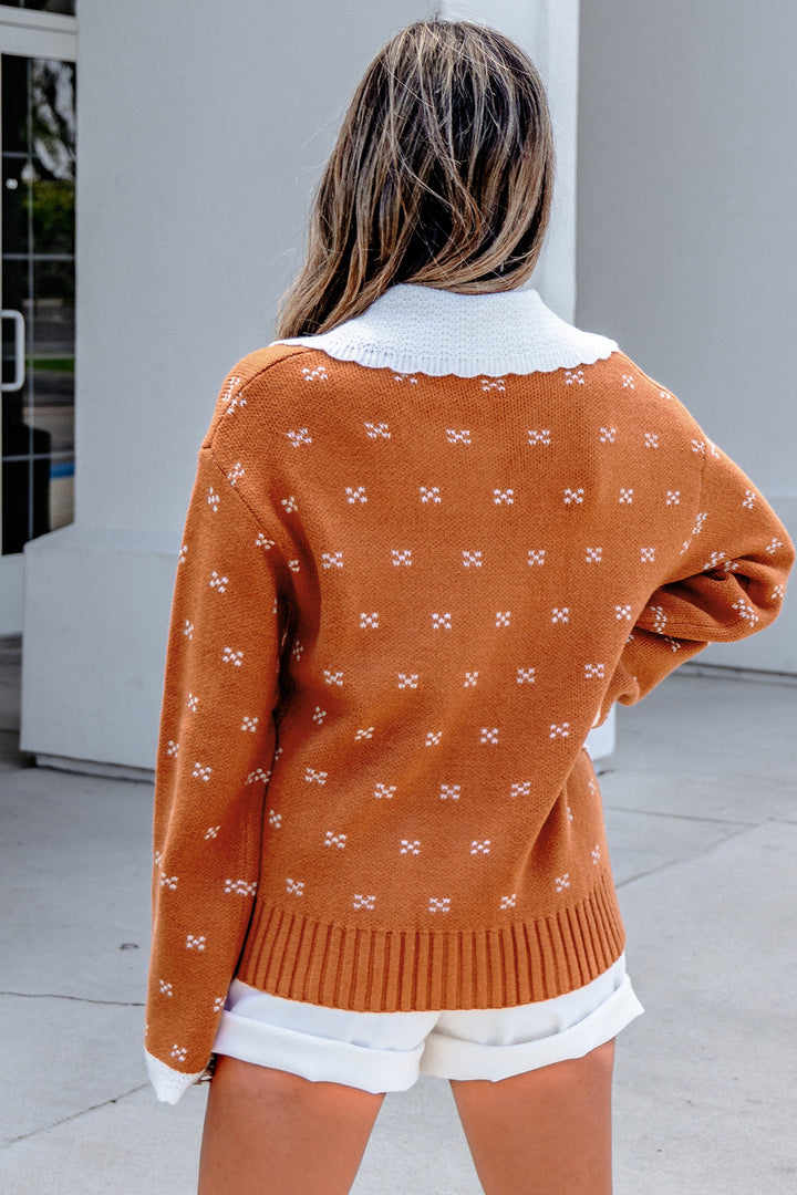 Orange Peter Pan Collar Colorblock Long Sleeve Knitwear Cardigan