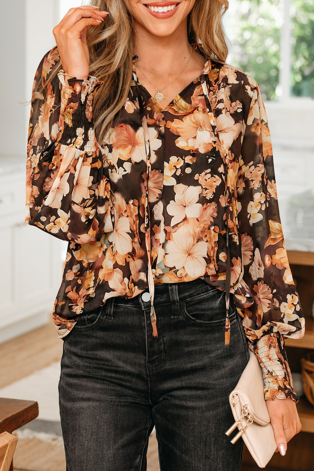 Floral V Neck Long Puff Sleeve Breezy Blouse