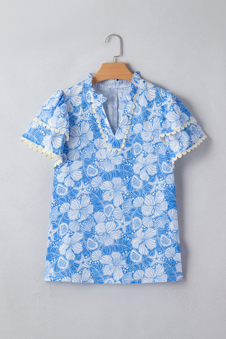 Sky Blue Oceanic Floral Print Scalloped Trim V Neck Short Sleeve Blouse