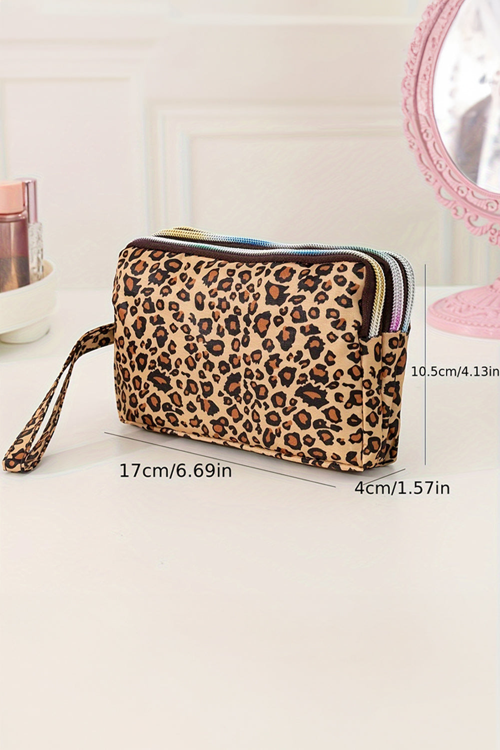 Leopard Print PU Leather Wristlet Zipper Makeup Bag