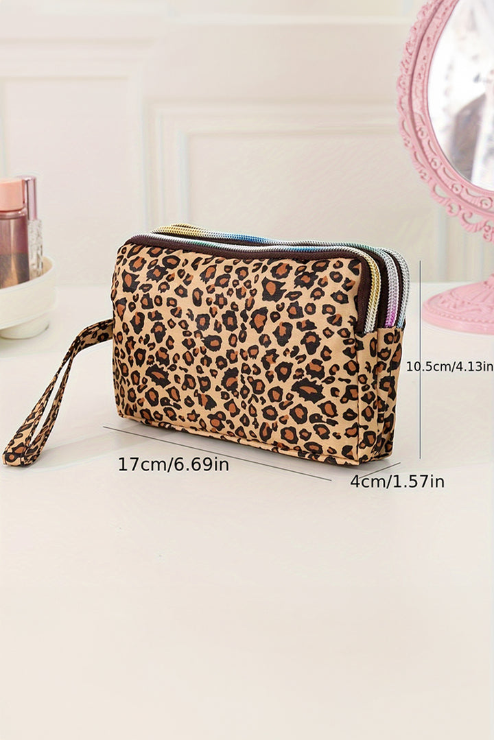 Leopard Print PU Leather Wristlet Zipper Makeup Bag