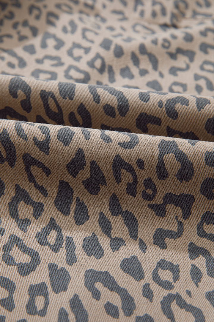 Khaki Leopard Printed Drawstring Elastic Waistband Pocketed Barrel Jeans