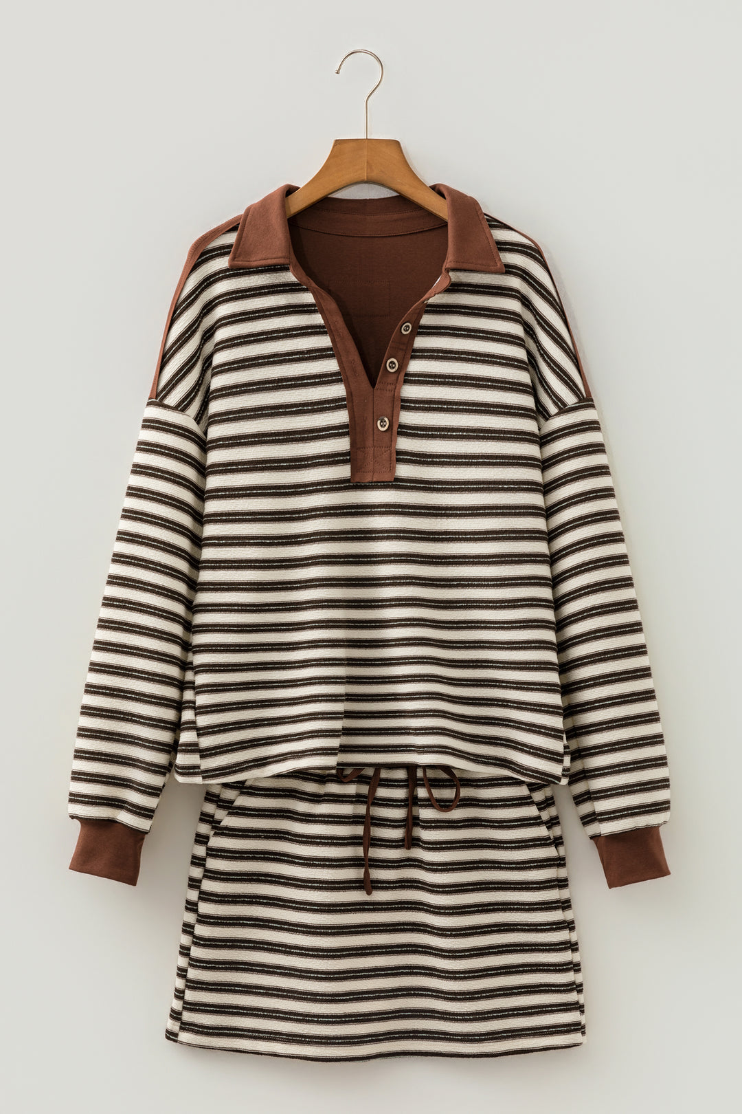 Brown Stripe Contrast Trim Button Neck Long Sleeve Top Drawstring Mini Skirt Set