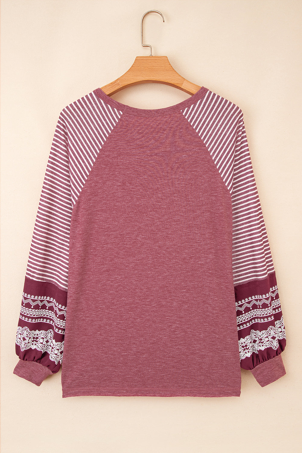 Burgundy Contrast Print Striped Raglan Long Sleeve Loose Top