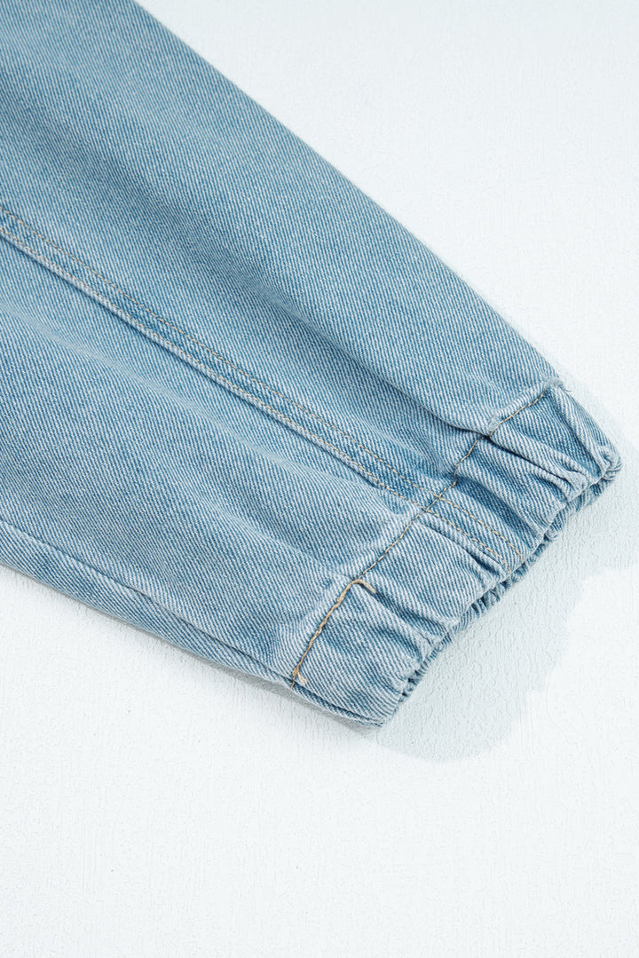 Myosotis Elastic Edge Collared Zip Up Denim Jacket With Pocket