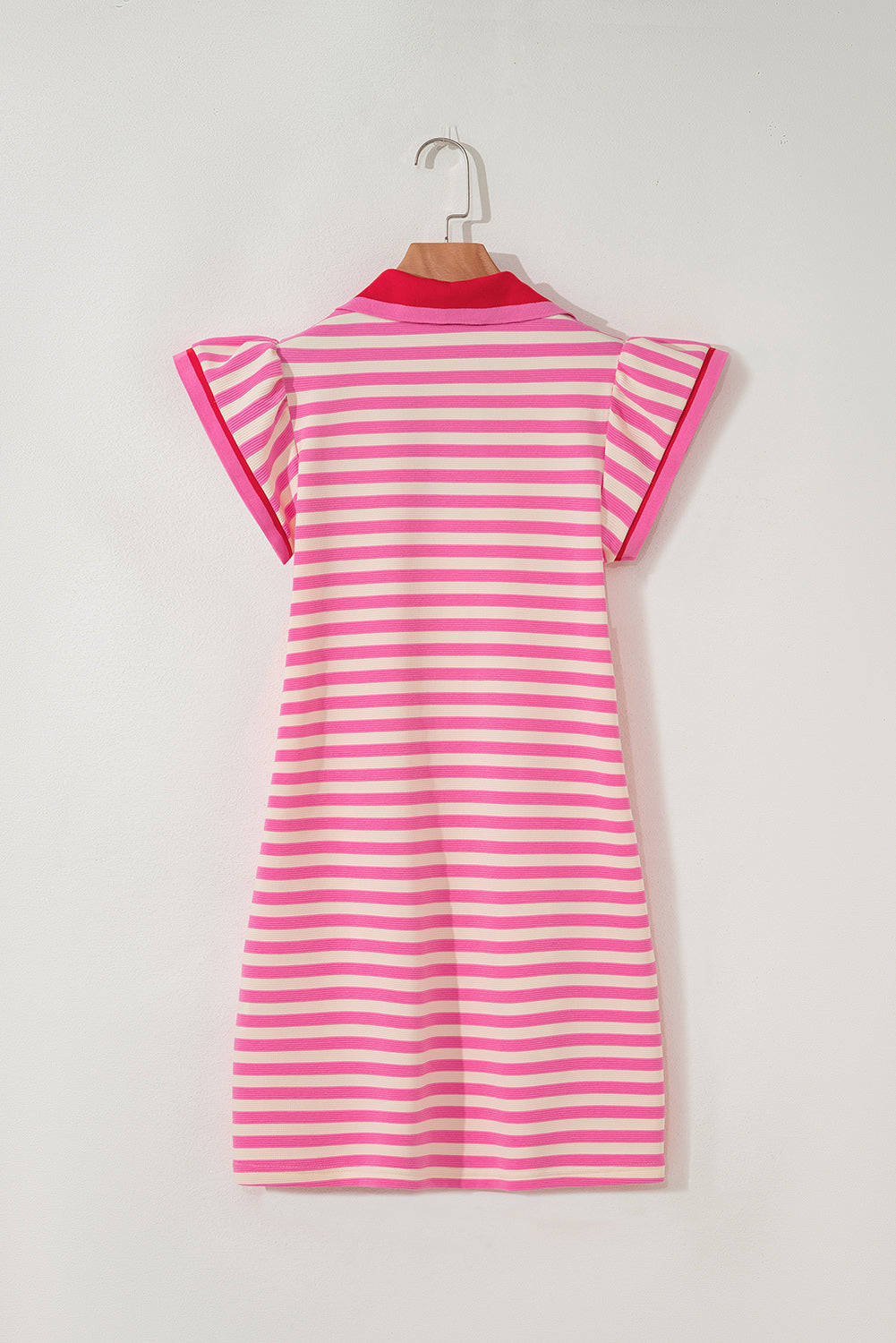 Pink Stripe Print Contrast Collar Split Neck Flutter Sleeve Short Dress