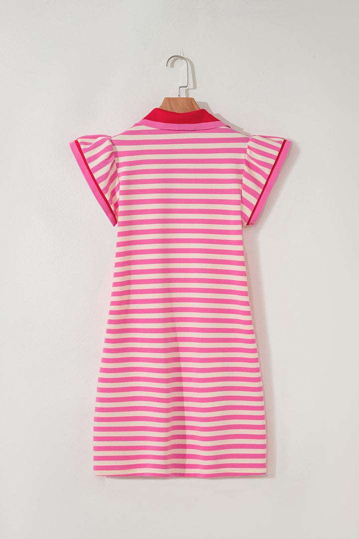 Pink Stripe Print Contrast Collar Split Neck Flutter Sleeve Short Dress