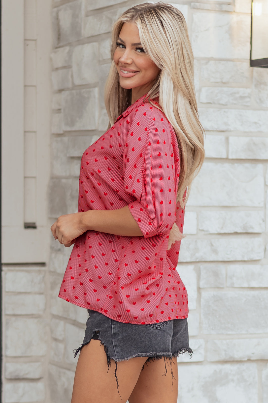 Heart Shape Print Half Sleeve Loose Valentine Shirt