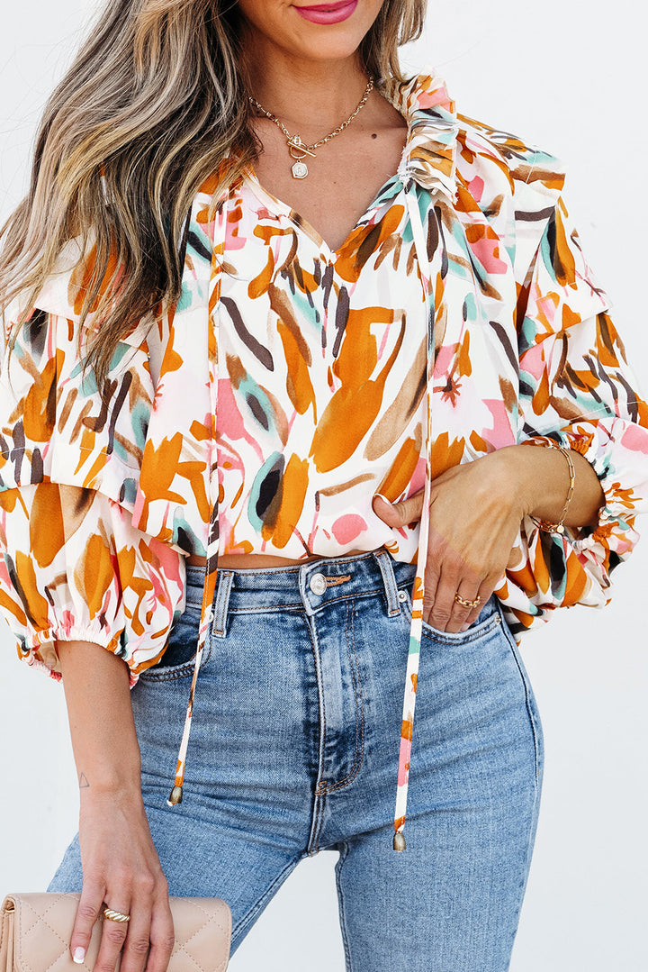 Abstract Print Drawstring Frilled V Neck 3/4 Sleeve Blouse