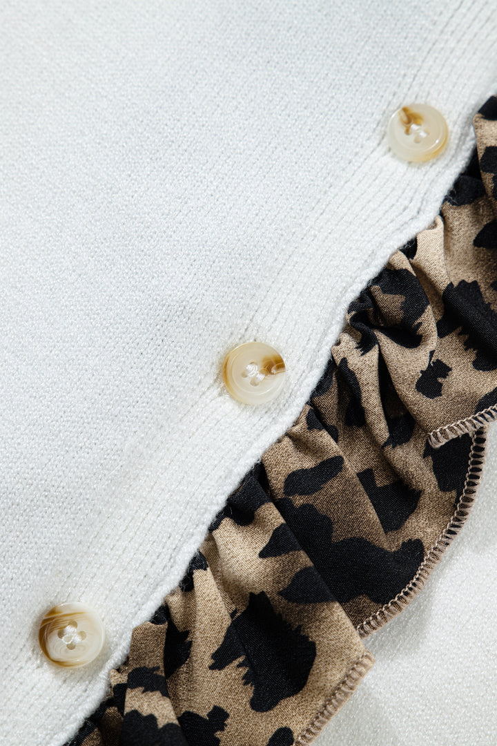 White Knitted Leopard Ruffle Patchwork Button Down Cropped Cardigan