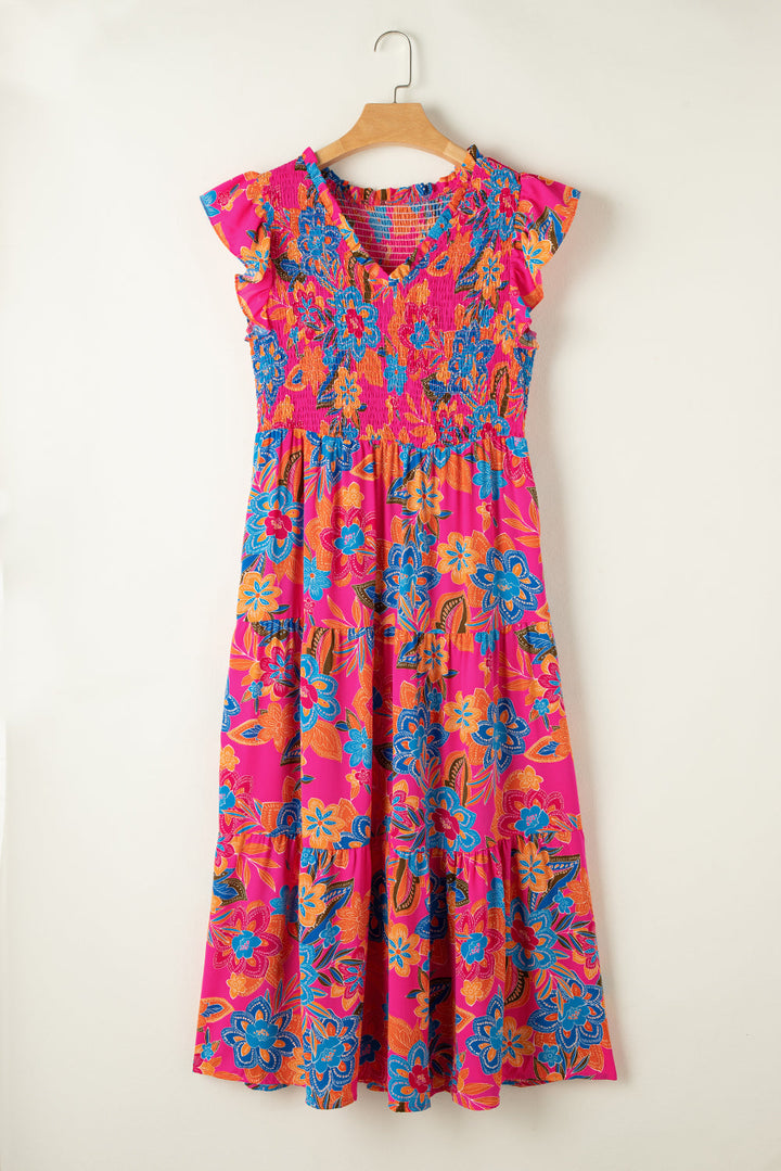 Floral Print Ruffled Sleeveless Plus Size Long Dress