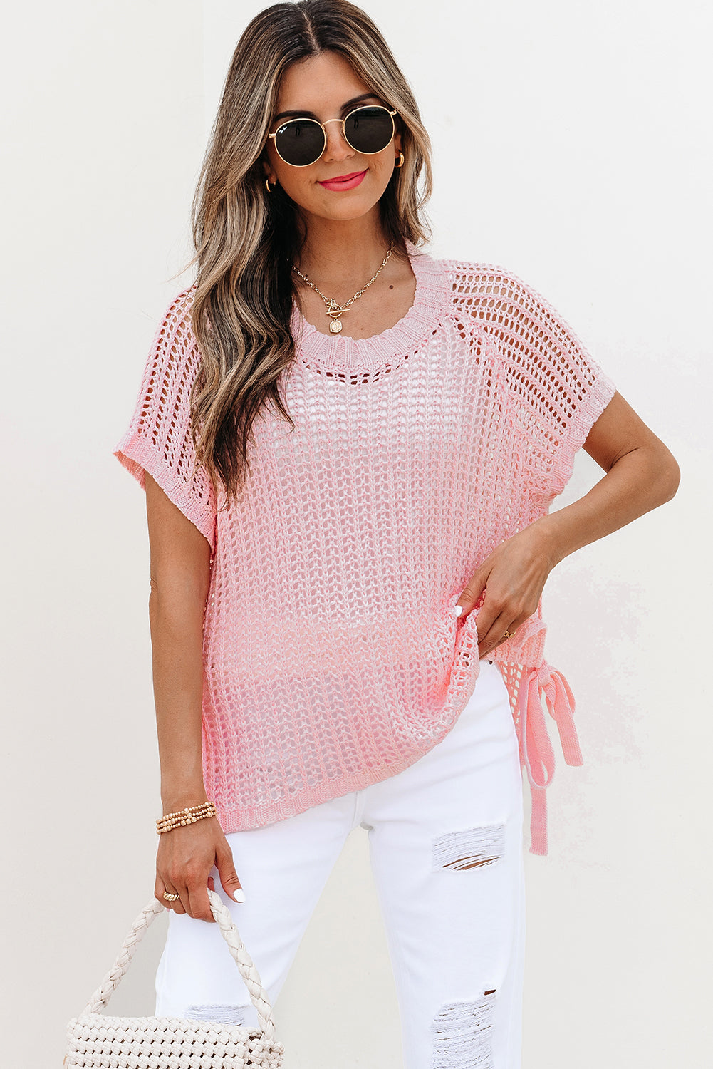 Hollow-out Crochet Side Tied Short Sleeve Sweater