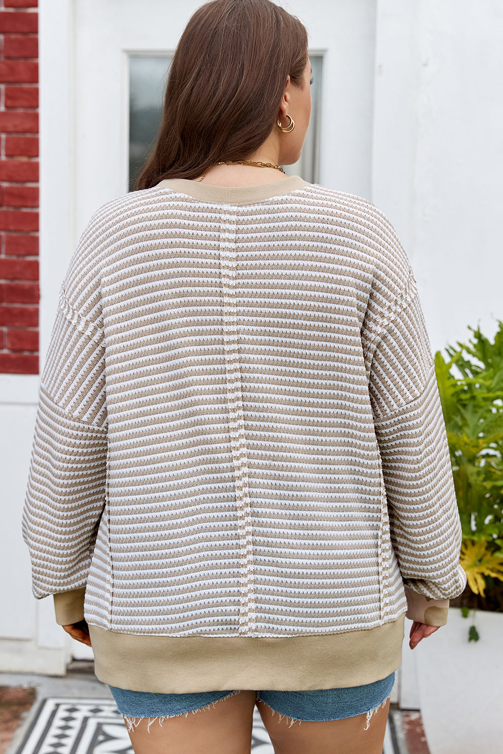 Brown Stripe Breathable Knit Ribbed Trim Plus Size Long Sleeve Top
