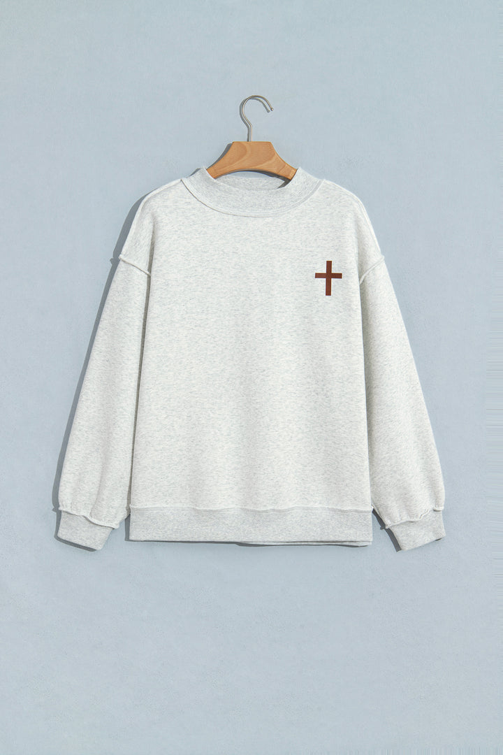 Light Grey Reversible Christian Faith Print Mock Neck Pullover Sweatshirt