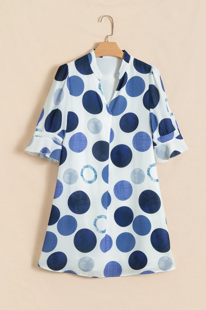 Blue Polka Dot Print Flounced Half Sleeve Casual Vacation Style Mini Dress