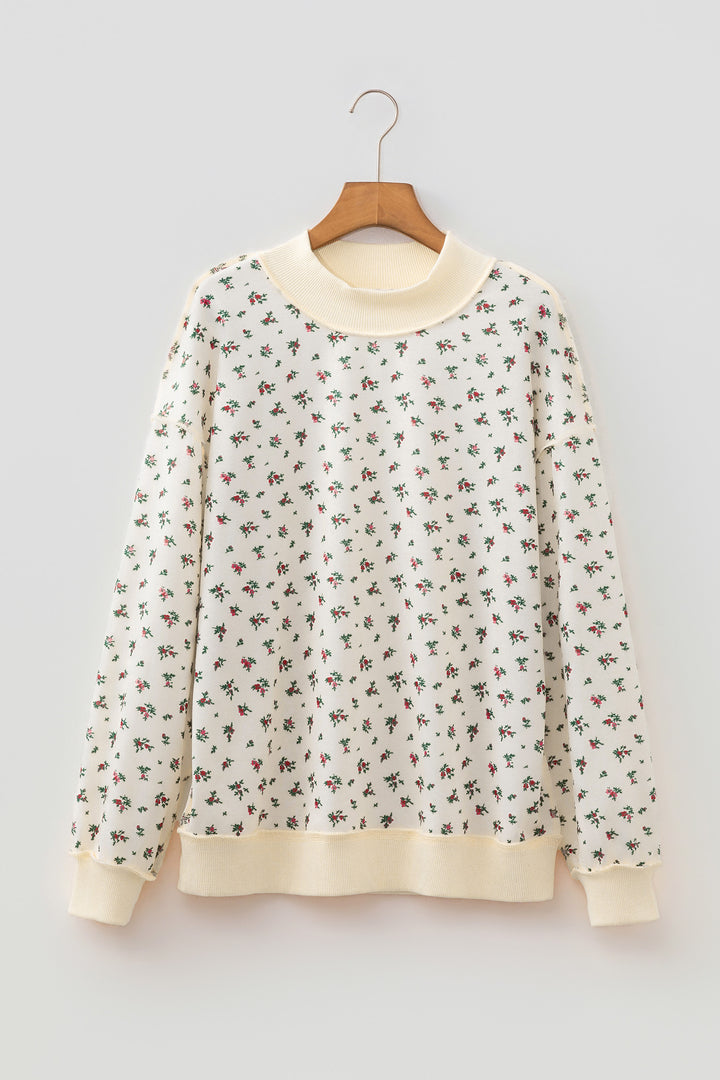 Beige Ribbed High Neck Floral Print Baggy Pullover Sweatshirt