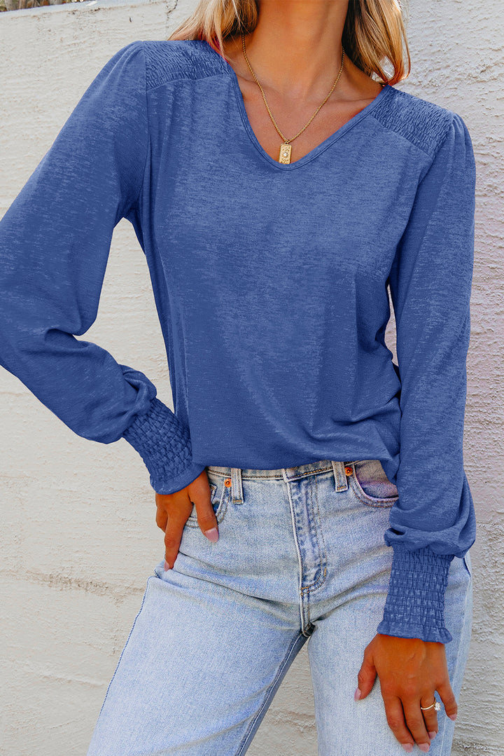 Blue Shirred Shoulder Frilled Cuffs Long Sleeve Top