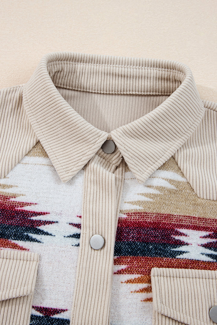 Multicolour Western Aztec Ribbed Patchwork Double Flap Pocket Raw Hem Shacket