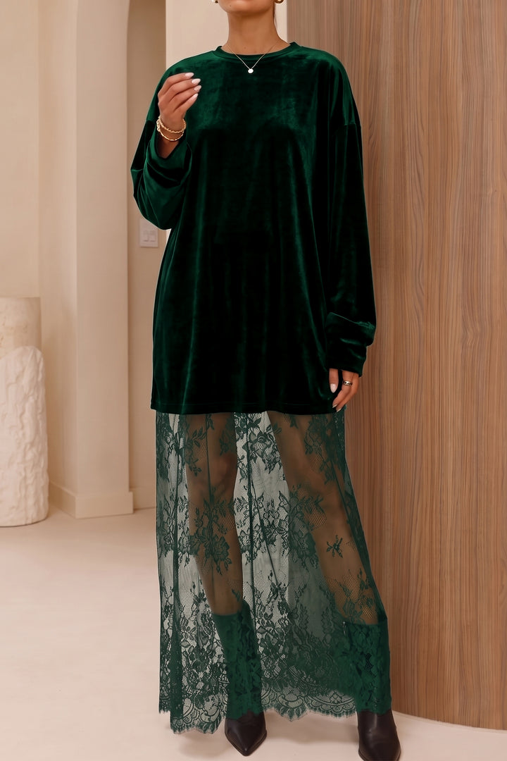 Blackish Green Velvet Long Sleeve Lace Splicing Hem Shift Maxi Dress