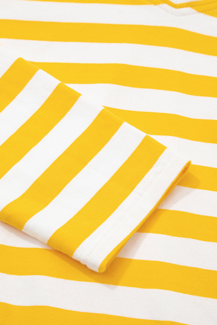 Yellow Stripe Striped Lace Patchwork V Neck Long Sleeve Top