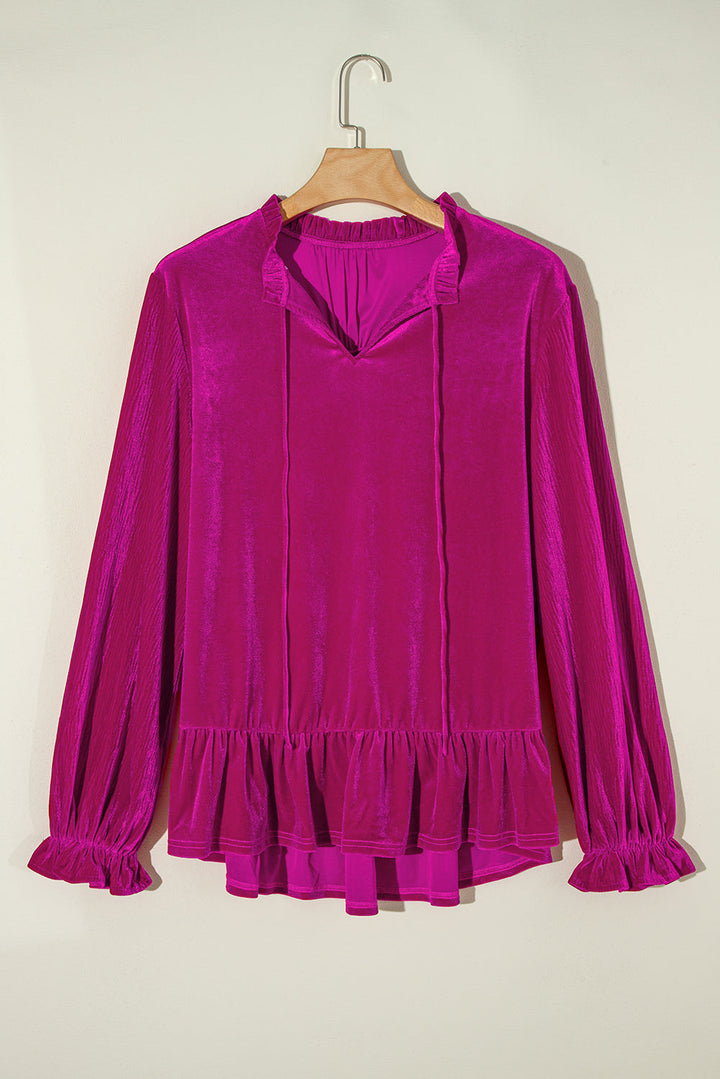 Plus Size Ruffled Sleeve V Neck Velvet Blouse